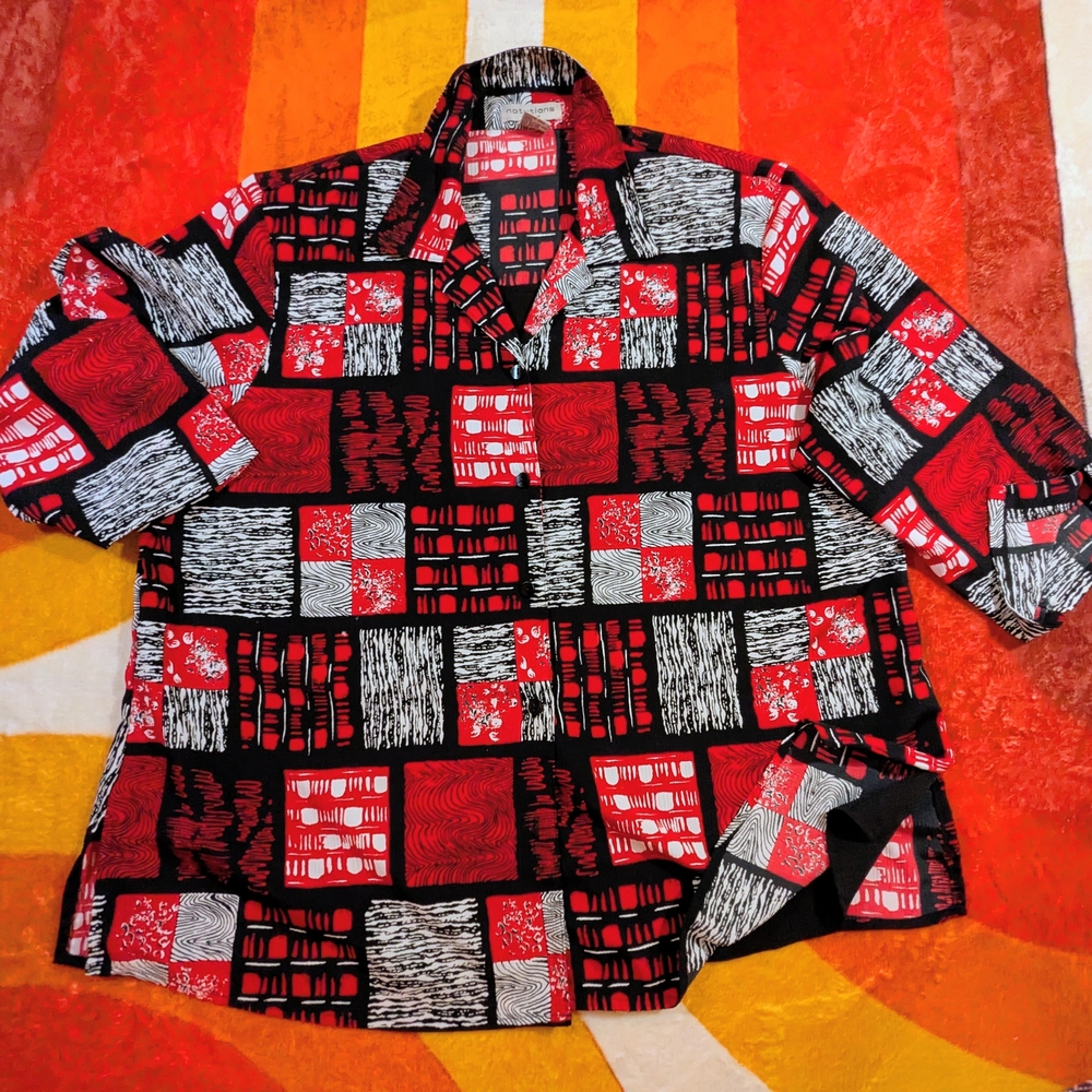 Vintage Notations Women's 1X Shirt Blouse Top, Patchwork Red Black & White 80's